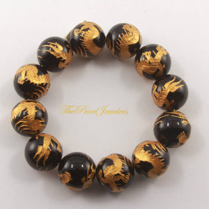 16mm Black Onyx Engraving Golden Dragon Beads Bracelet