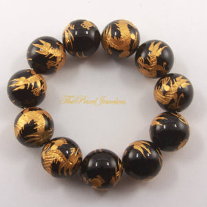 18mm Black Onyx Engraving Golden Dragon Beads Bracelet