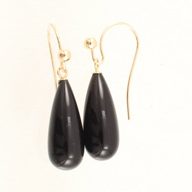 14K Yellow Gold Black Onyx Dangling Hook Earrings