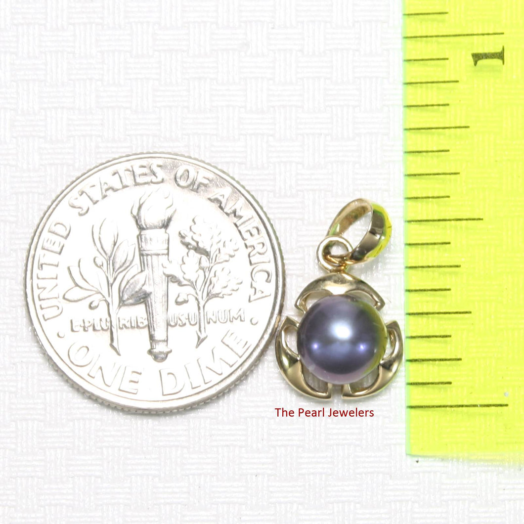 Black Pearl Pendant – 14k Yellow Gold with 3 Leaf Design