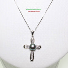 Load image into Gallery viewer, Black Pearl Cross Pendant – 14k White Gold + Diamonds