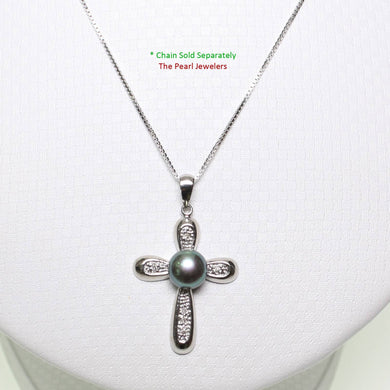 Black Pearl Cross Pendant – 14k White Gold + Diamonds