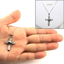 Load image into Gallery viewer, Black Pearl Cross Pendant – 14k White Gold + Diamonds