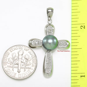 Black Pearl Cross Pendant – 14k White Gold + Diamonds