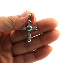 Load image into Gallery viewer, Black Pearl Cross Pendant – 14k White Gold + Diamonds