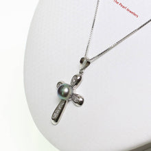 Load image into Gallery viewer, Black Pearl Cross Pendant – 14k White Gold + Diamonds