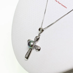 Black Pearl Cross Pendant – 14k White Gold + Diamonds