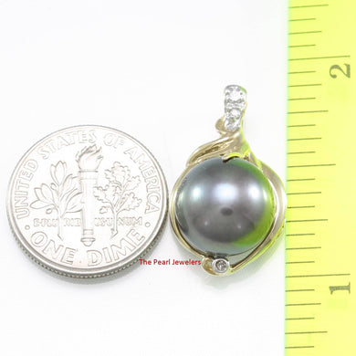 Black Pearl Pendant – 14k Yellow Gold with Trio Diamonds + Chain Options