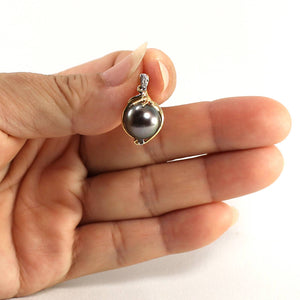 Black Pearl Pendant – 14k Yellow Gold with Trio Diamonds + Chain Options