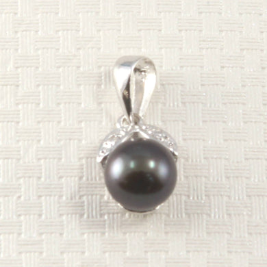 Black Pearl & Diamond Pendant – 14k White Gold Twin-Leaf Bale
