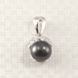 Black Pearl & Diamond Pendant – 14k White Gold Twin-Leaf Bale