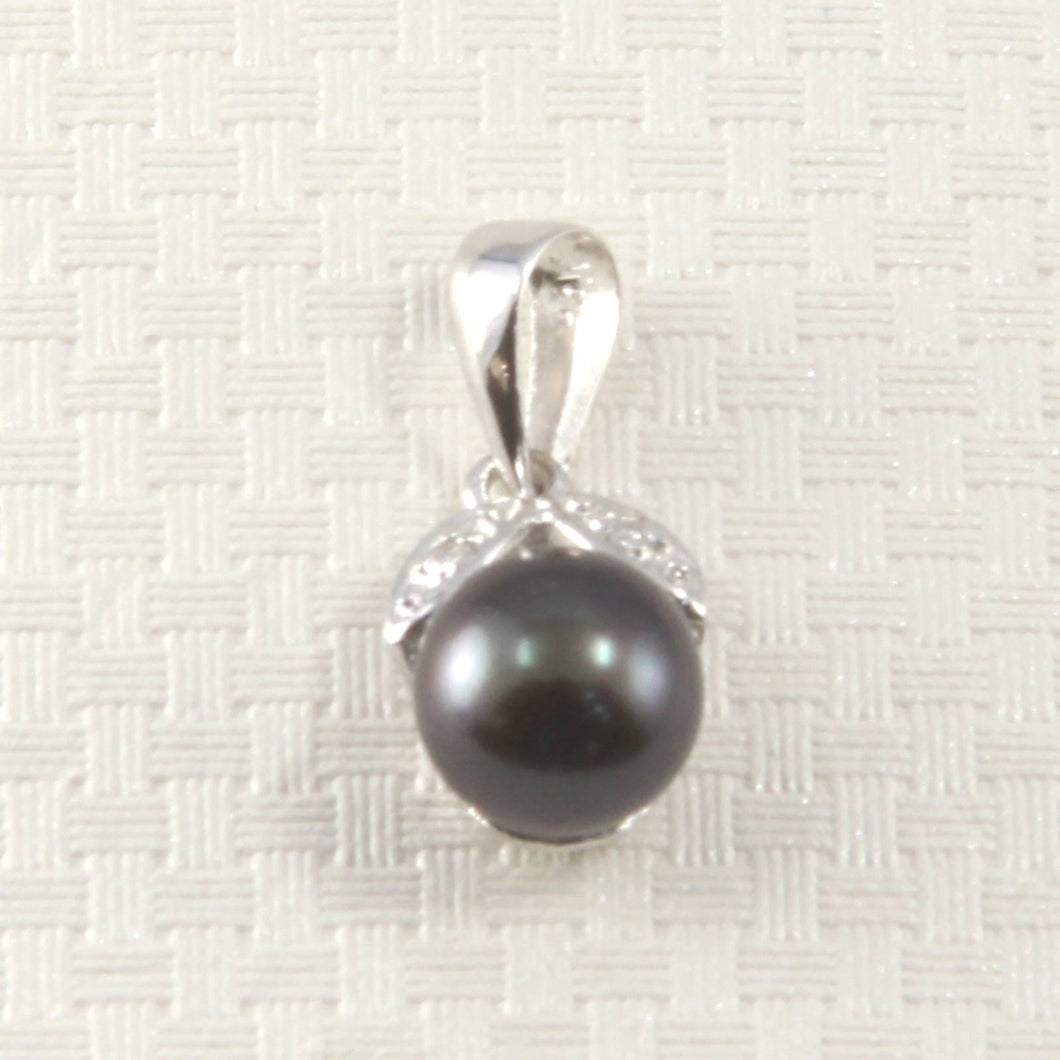 Black Pearl & Diamond Pendant – 14k White Gold Twin-Leaf Bale