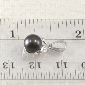 Black Pearl & Diamond Pendant – 14k White Gold Twin-Leaf Bale