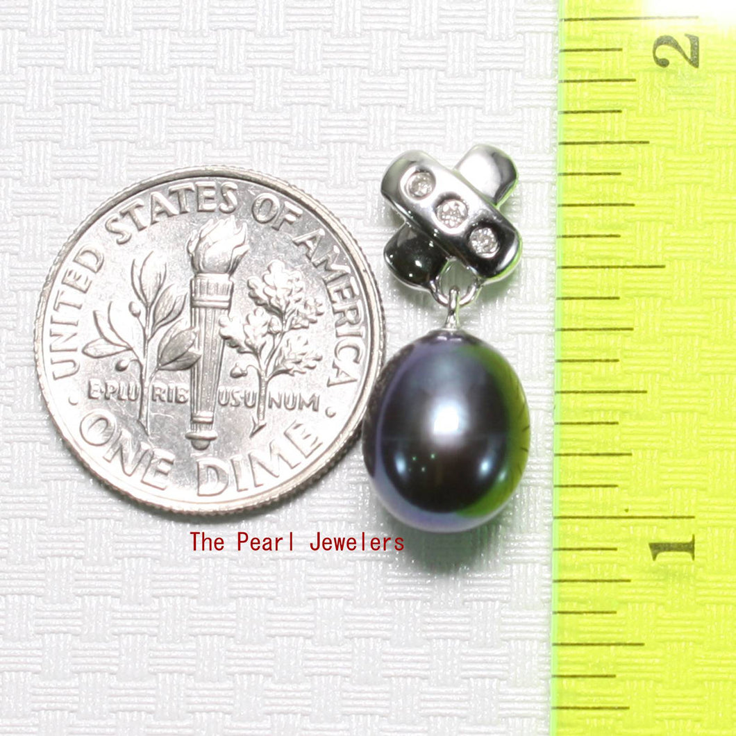 Black Pearl Pendant – 14k White Gold X Bail + Diamonds