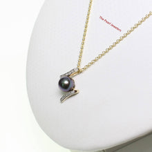 Load image into Gallery viewer, Black Pearl Pendant – 14k Yellow Gold “H” Design + 12 Diamonds
