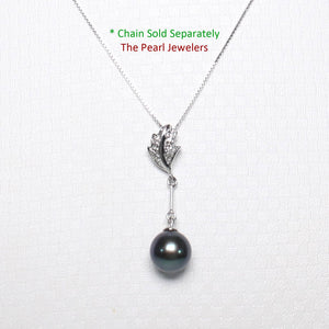Black Pearl Leaf Bail Pendant – 14k White Gold with Diamonds