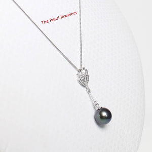 Black Pearl Leaf Bail Pendant – 14k White Gold with Diamonds