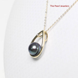 Black Pearl Raindrop Pendant with Diamond – 14k Yellow Gold