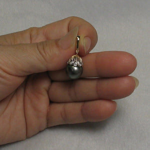 Black Tahitian Pearl & 14k Yellow Gold Flowery-Cap Bale with 6 Diamonds Pendant