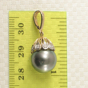 Black Tahitian Pearl & 14k Yellow Gold Flowery-Cap Bale with 6 Diamonds Pendant