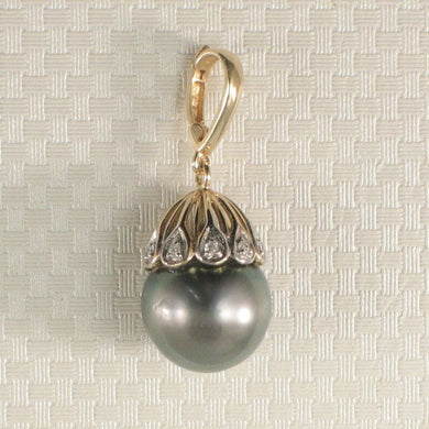 Black Tahitian Pearl & 14k Yellow Gold Flowery-Cap Bale with 6 Diamonds Pendant