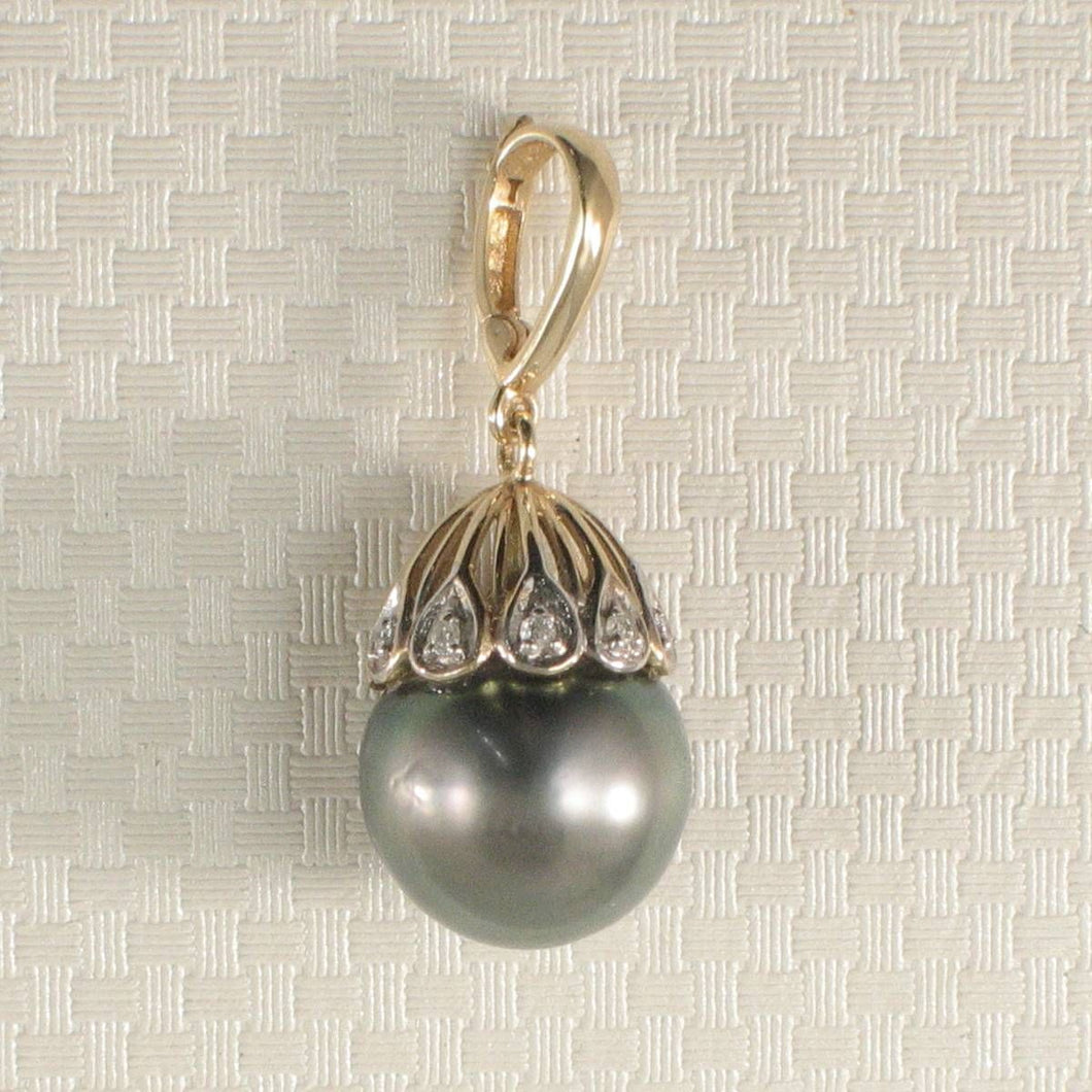 Black Tahitian Pearl & 14k Yellow Gold Flowery-Cap Bale with 6 Diamonds Pendant