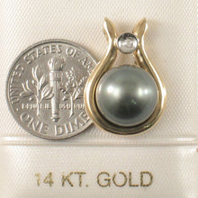 Load image into Gallery viewer, Genuine Black Tahitian Pearl &amp; Diamond Phorminx-Style Yellow Gold Pendant