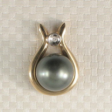 Genuine Black Tahitian Pearl & Diamond Phorminx-Style Yellow Gold Pendant