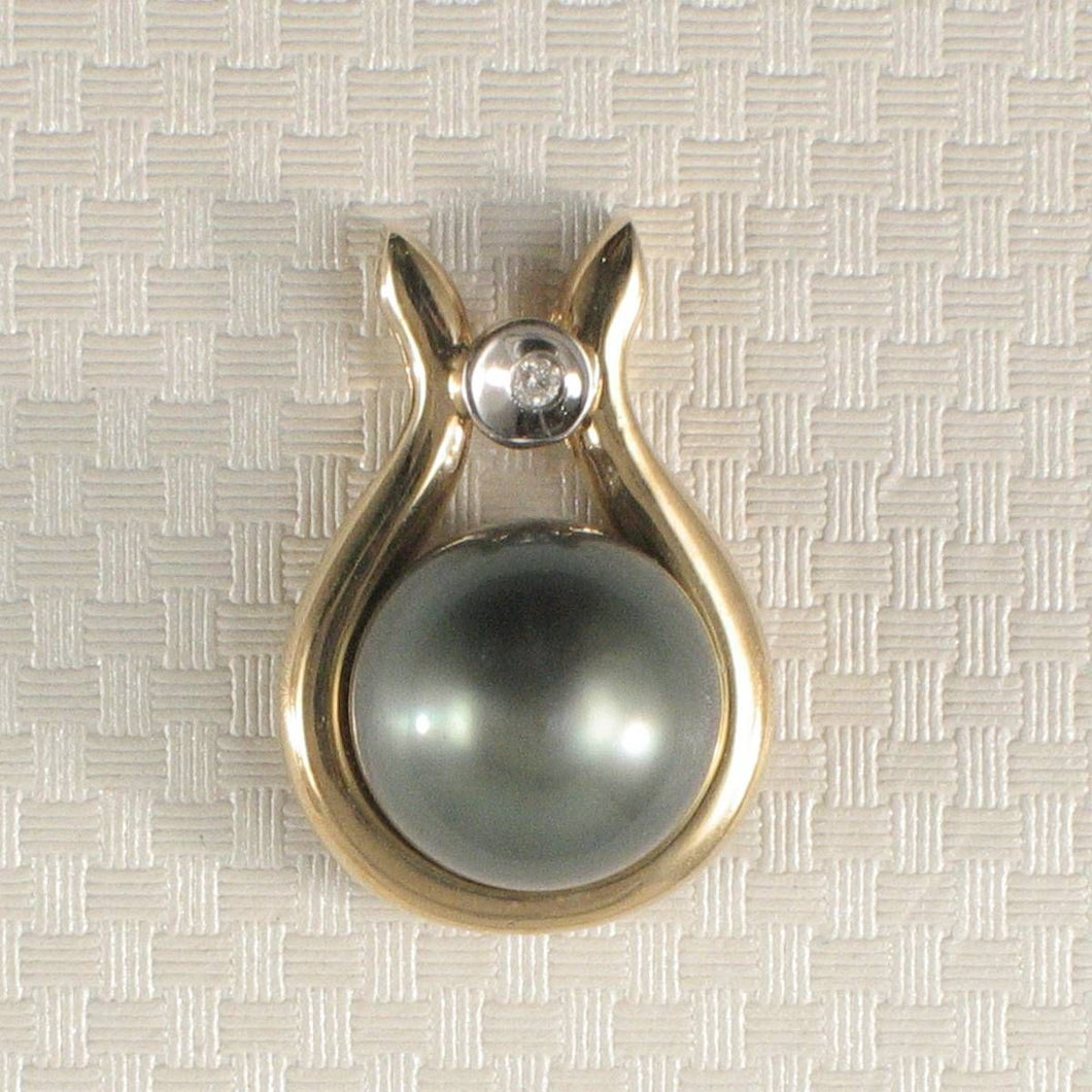 Genuine Black Tahitian Pearl & Diamond Phorminx-Style Yellow Gold Pendant