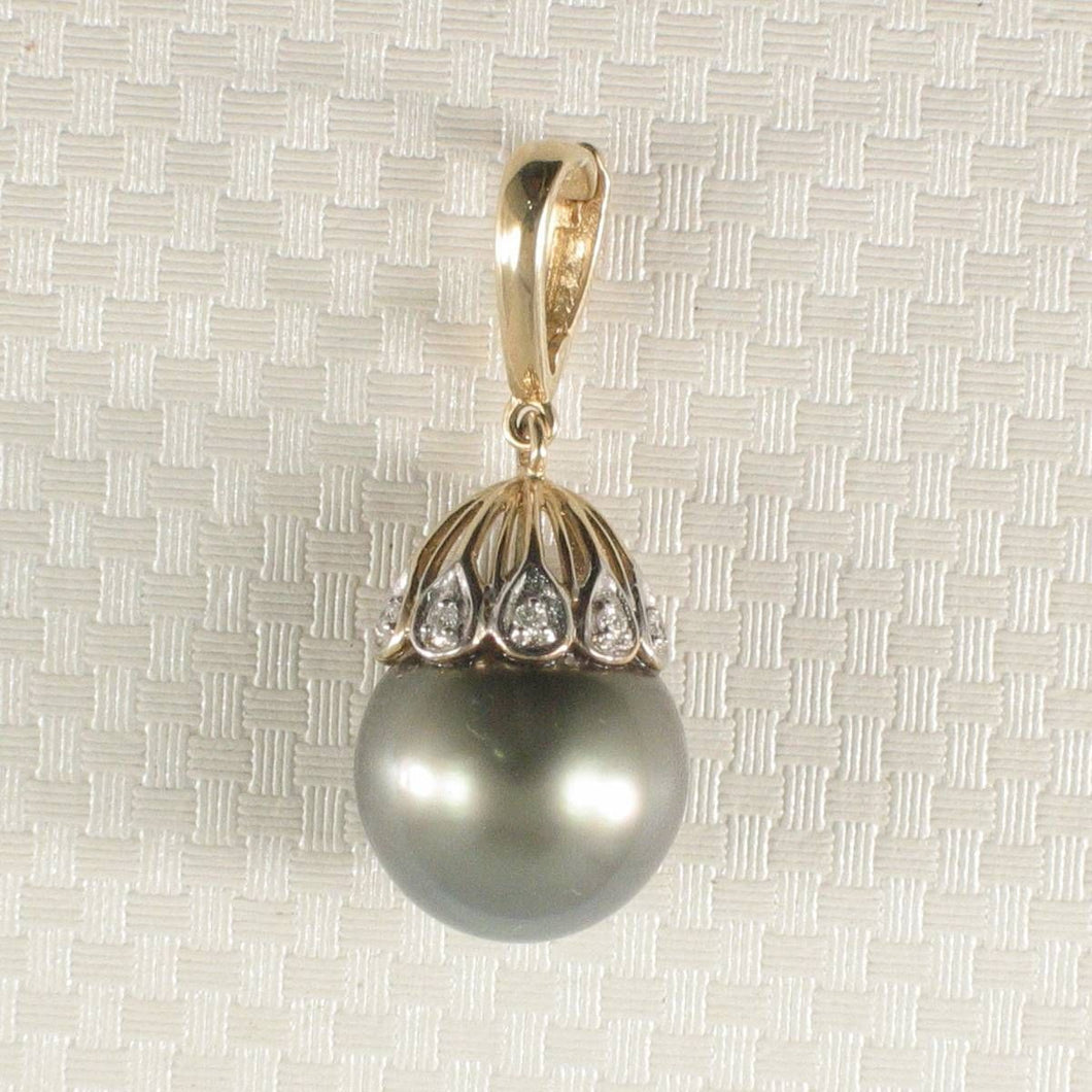 14k Yellow Gold & 6-Diamond 12 mm Black Tahitian Pearl Pendant