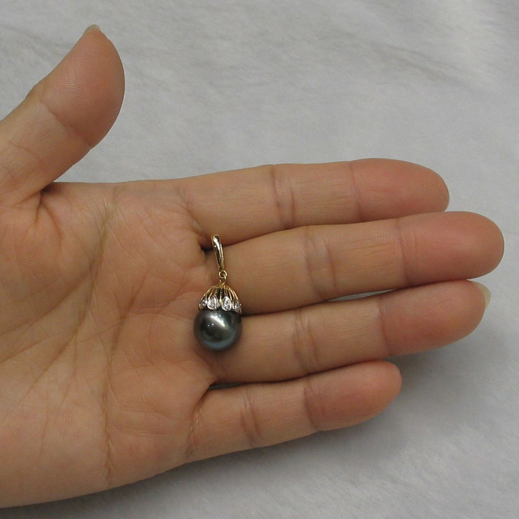 14k Yellow Gold & 6-Diamond Black Tahitian Pearl Pendant