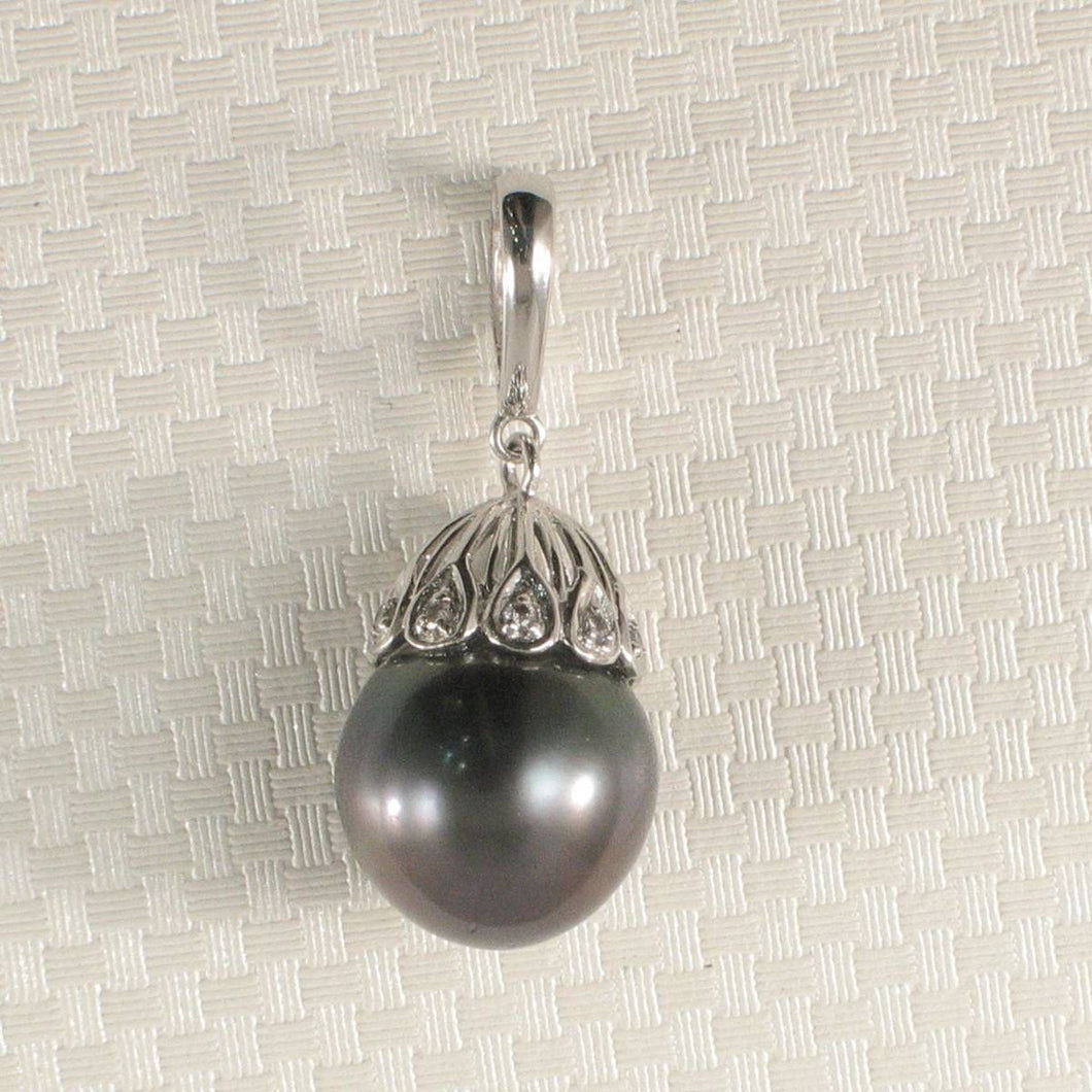 14k White Gold & 6-Diamond Black Tahitian Pearl Pendant