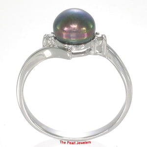 Solid Sterling Silver .925 Black Freshwater Pearl with CZ Accent Ring