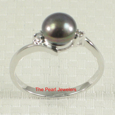 Solid Sterling Silver .925 Black Freshwater Pearl with CZ Accent Ring
