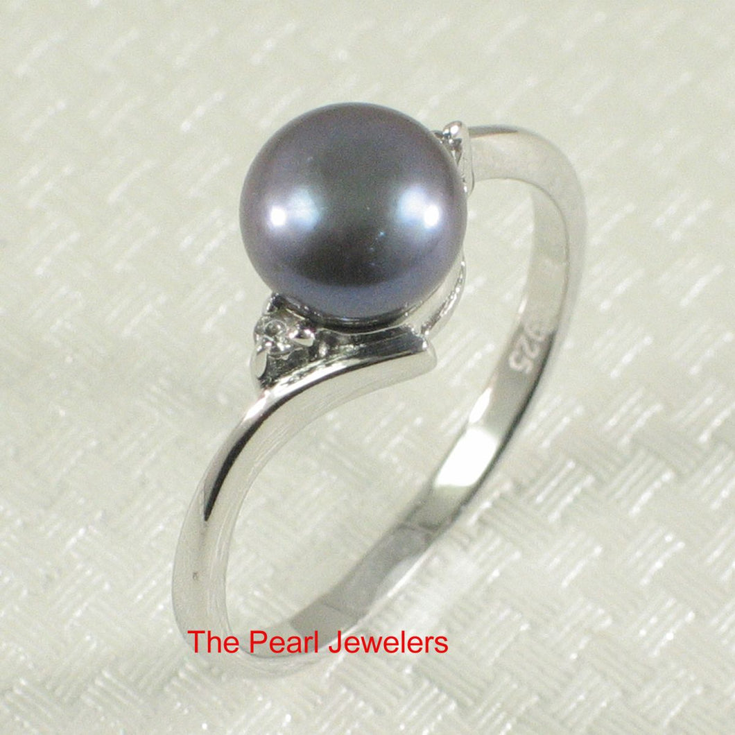 Solid Sterling Silver .925 Blue-Gray Freshwater Pearl with CZ Accent Ring