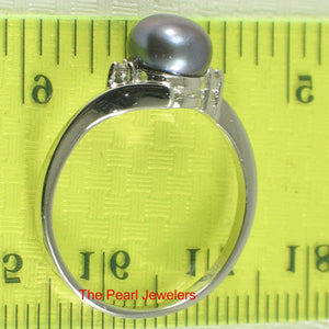 Solid Sterling Silver .925 Blue-Gray Freshwater Pearl with CZ Accent Ring
