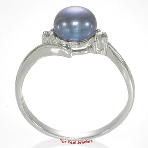 Solid Sterling Silver .925 Blue-Gray Freshwater Pearl with CZ Accent Ring