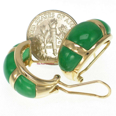 14K Yellow Gold Omega Clip Cabochon Green Jade Earrings