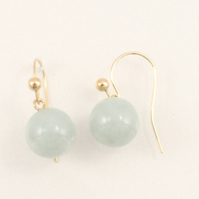 14K Yellow Gold Round Celadon Green Jade Hook Earrings