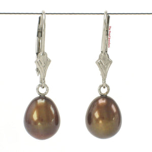 14k White Gold Chocolate Pearl Leverback Dangle Earrings
