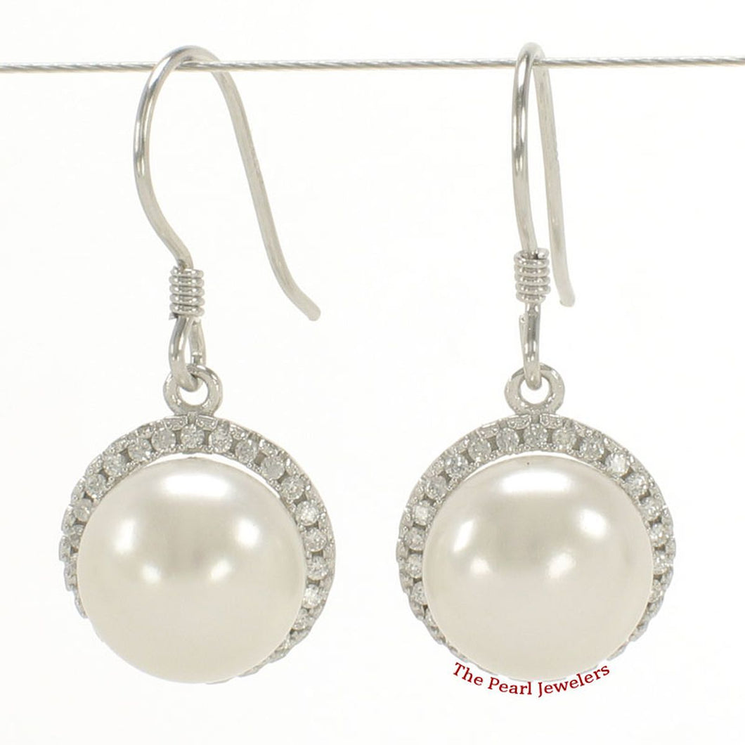 Sterling Silver White Pearl CZ Hook Earrings (52 CZ)