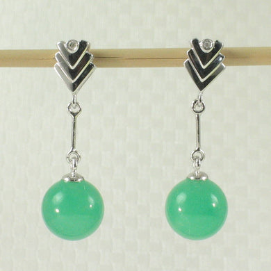 14K White Gold Diamond Green Jade Dangle Earrings