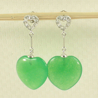 14K White Gold Diamond Green Jade Heart Dangle Earrings