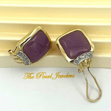 Load image into Gallery viewer, 14K Yellow Gold Diamond &amp; Cabochon Lavender Jade Omega Clip Earrings