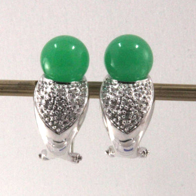 14K White Gold Diamonds Green Jade Omega Back Earrings