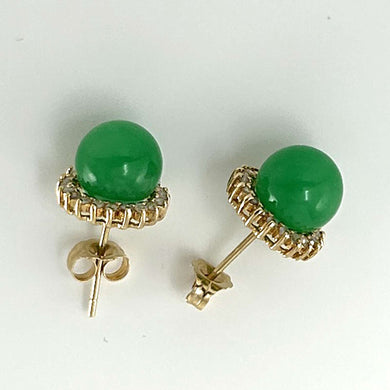 14K Yellow Gold Diamond Green Jade Stud Earrings