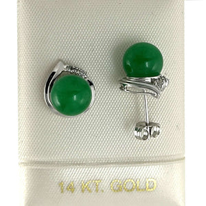 14K White Gold Unique Diamond Green Jade Stud Earrings