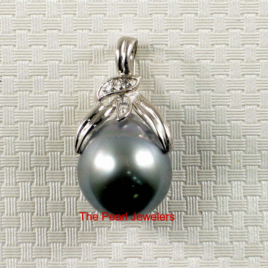 14k White Gold Diamond & Silver-Green Tahitian Pearl Pendant