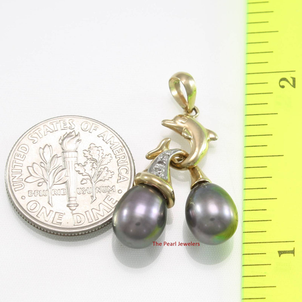 Dolphin Diamond Pendant with 2 Black Pearls – 14k Yellow Gold