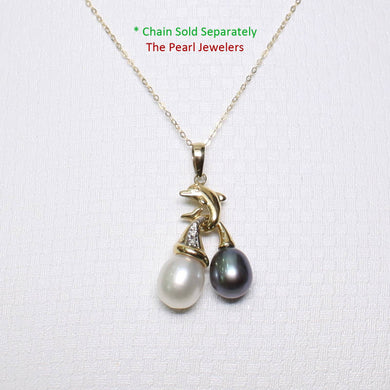 Dolphin Pearl Pendant – 14k Yellow Gold with White & Black Pearls